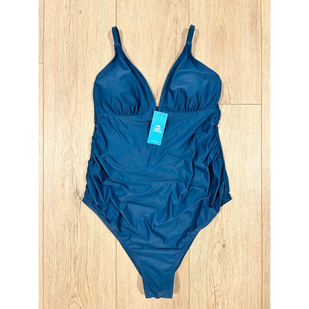 Cupshe Womens Teal Blue‎ Ruched One Piece Swimsuit V-Neck  M DKA12E2D003TT NEW